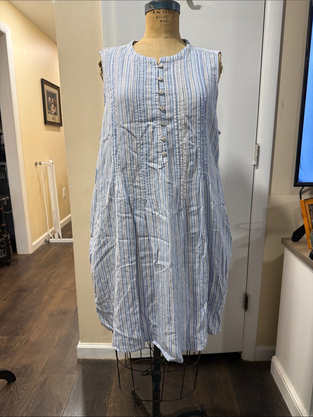 Time and Tru Blue and White Striped Button-Up Top